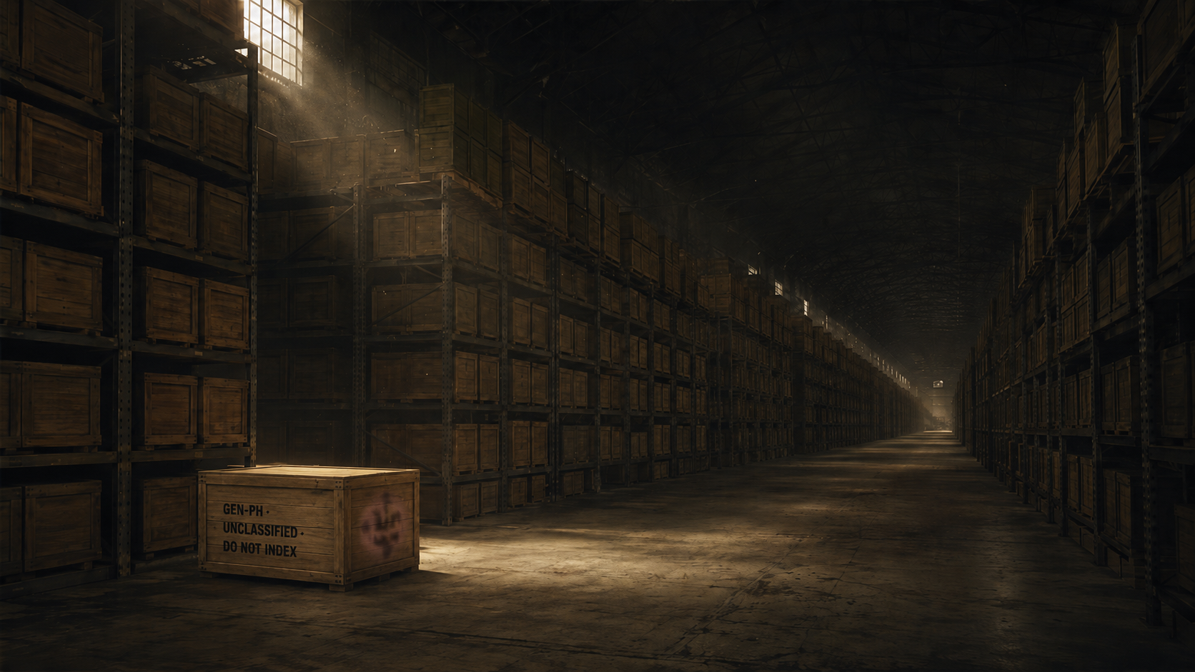 An immense dim warehouse of identical wooden crates receding into the dark; a single crate sits in a shaft of light, stamped &ldquo;GEN-PH &middot; UNCLASSIFIED &middot; DO NOT INDEX.&rdquo;