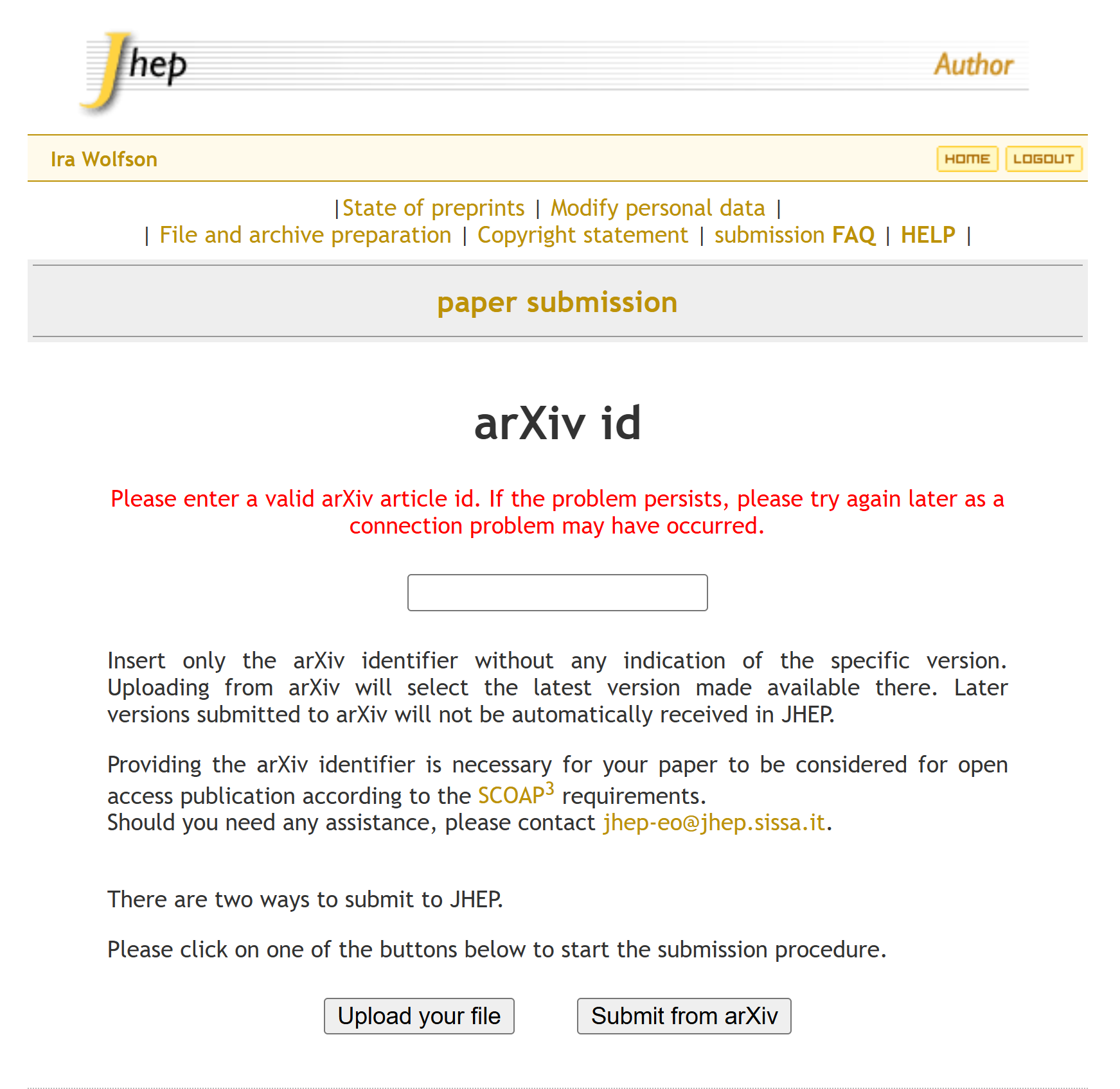 JHEP paper-submission portal headed &lsquo;arXiv id,&rsquo; showing a red error &lsquo;Please enter a valid arXiv article id&rsquo; above an empty text field, with two buttons below marked &lsquo;Upload your file&rsquo; and &lsquo;Submit from arXiv.&rsquo;