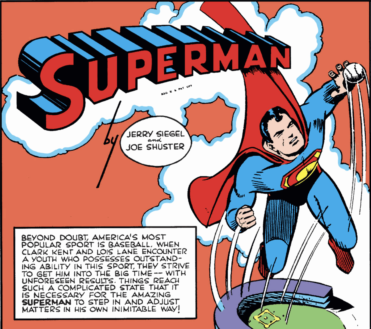 Golden-Age Superman splash page: Superman flying, catching a baseball, over a caption about baseball being America's favorite sport