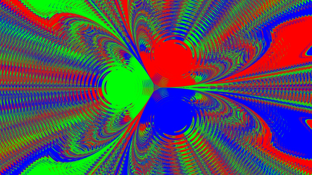 Figure 1: the three basins of attraction of a magnetic pendulum, rendered as interleaving red, green, and blue fractal regions.